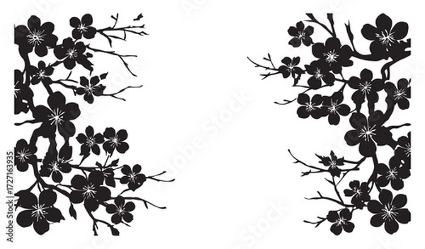 Fototapeta black and white silhouette vector set of sakura blossoms.