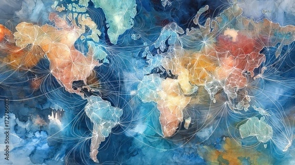 Fototapeta Abstract watercolor of interconnected global economy, trade routes merging into financial hubs, world map with money flow, futuristic financial web.