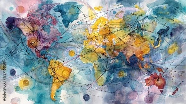Fototapeta Abstract watercolor of interconnected global economy, trade routes merging into financial hubs, world map with money flow, futuristic financial web.