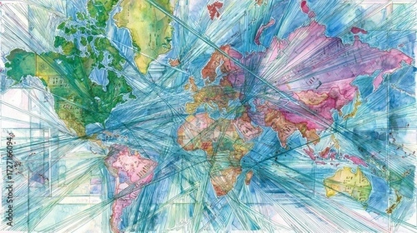 Fototapeta Abstract watercolor of interconnected global economy, trade routes merging into financial hubs, world map with money flow, futuristic financial web.