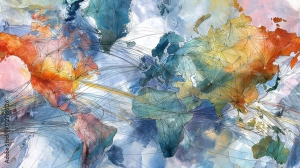 Fototapeta Abstract watercolor of interconnected global economy, trade routes merging into financial hubs, world map with money flow, futuristic financial web.