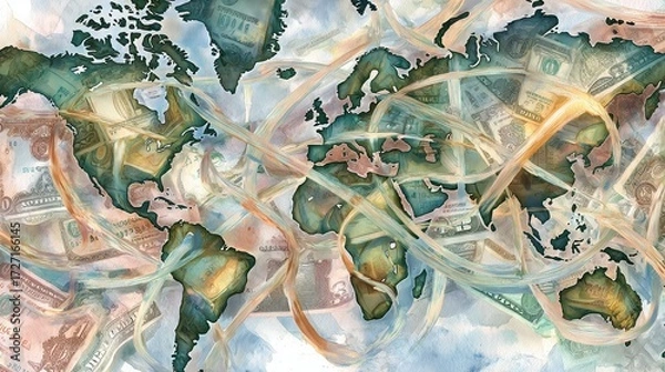 Fototapeta Abstract watercolor of interconnected global economy, trade routes merging into financial hubs, world map with money flow, futuristic financial web.