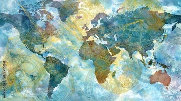 Fototapeta Abstract watercolor of interconnected global economy, trade routes merging into financial hubs, world map with money flow, futuristic financial web.