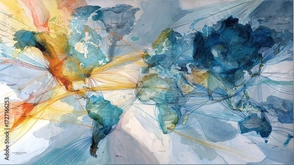Fototapeta Abstract watercolor of interconnected global economy, trade routes merging into financial hubs, world map with money flow, futuristic financial web.