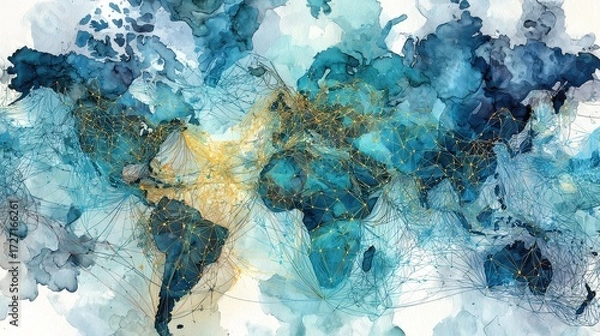 Fototapeta Abstract watercolor of interconnected global economy, trade routes merging into financial hubs, world map with money flow, futuristic financial web.