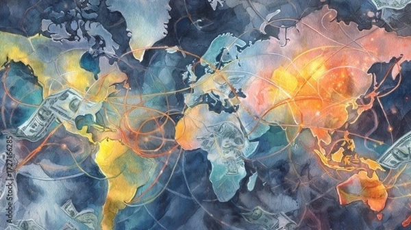 Fototapeta Abstract watercolor of interconnected global economy, trade routes merging into financial hubs, world map with money flow, futuristic financial web.