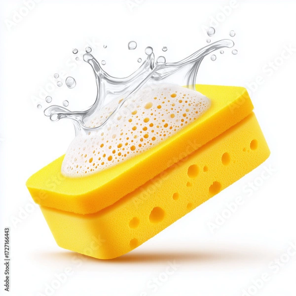 Obraz Yellow kitchen sponge with soap suds isolated on white background