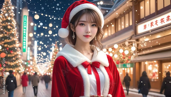 Obraz A young beautiful girl dressed in Christmas clothes. On the background of a city decorated for Christmas, Christmas tree, meeting,クリスマスの服を着た若い美少女。クリスマスの飾りがされた街中の背景,クリスマスツリー、待ち合わせ