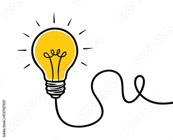 Fototapeta Hand drawn glowing yellow light bulb vector illustration on white background, Creative idea concept