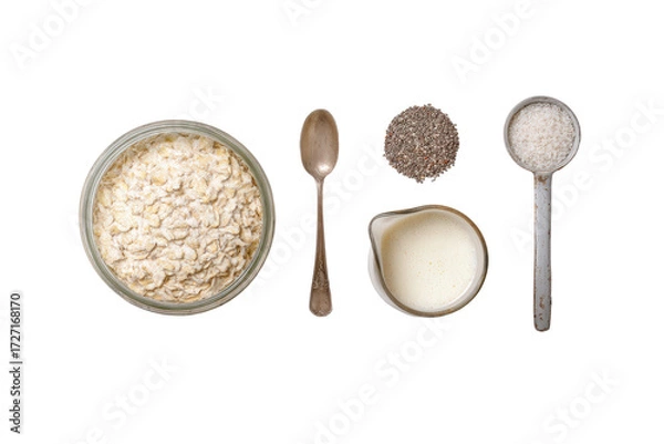 Obraz Overhead view of oatmeal, milk, spices, and a spoon in separate bowls and containers, isolated on transparent background