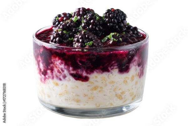 Obraz A delicious blackberry parfait in a glass, layered with creamy yogurt and topped with fresh blackberries, isolated on transparent background