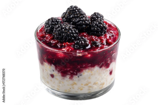 Obraz Oatmeal with blackberries and berry compote in a glass, isolated on transparent background
