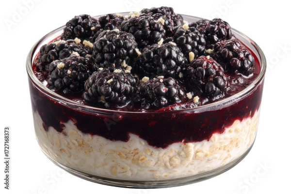 Obraz Bowl of oatmeal with blackberries and berry sauce isolated on transparent background