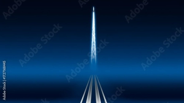 Fototapeta Futuristic Rocket Launch Night Sky Bright Trail in Deep Blue Atmosphere