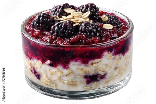 Obraz Overnight oats with blackberries and jam in a glass bowl isolated on transparent background