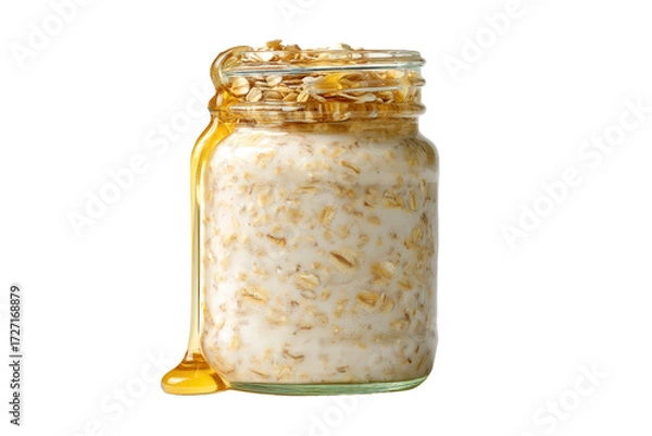 Obraz Overnight oats in a glass jar with honey dripping down the side, isolated on transparent background