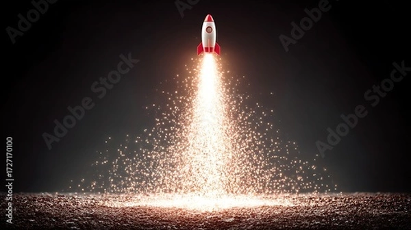 Fototapeta Futuristic Rocket Launching Bright Sparkles in Dark Night Sky