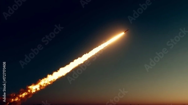 Fototapeta Rocket Launching Into Dark Sky with Bright Flame and Smoke Trail