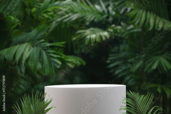 Fototapeta minimal podium table top with outdoors in tropical forest nature background.natural product present pedestal modern stand display,healthy life or eco concept.