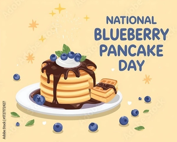 Fototapeta National blueberry pancake day stack of fluffy pancakes topped with blueberry compote and syrup drizzle with fresh berries, styled for breakfast menus, social media and cafe promotions