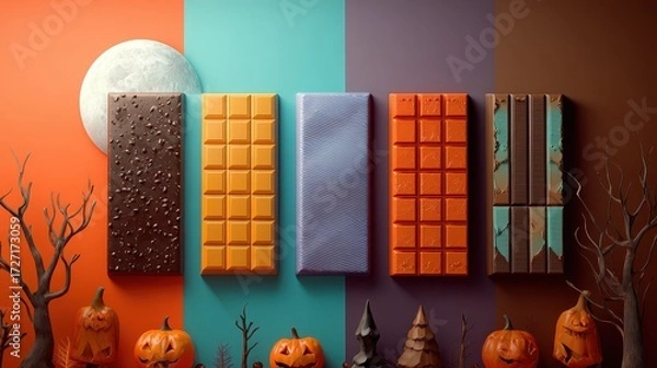 Fototapeta Chocolate bar halloween night flat design top view scary theme 3D render Triadic Color Scheme.