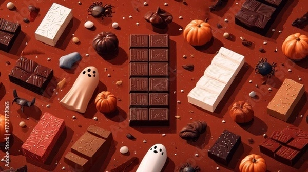 Fototapeta Chocolate bar halloween night flat design top view scary theme 3D render Triadic Color Scheme.