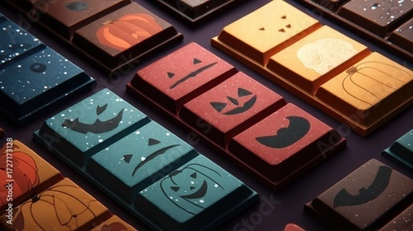 Fototapeta Chocolate bar halloween night flat design top view scary theme 3D render Triadic Color Scheme.
