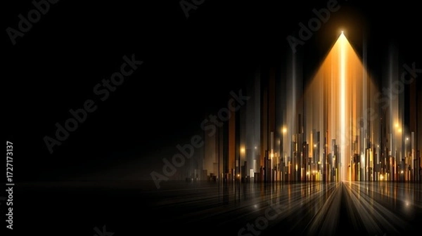 Fototapeta Futuristic Light Tower with Golden Beams and Vertical Light Lines in Dark Space