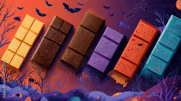 Fototapeta Chocolate bar halloween night flat design top view scary theme 3D render Triadic Color Scheme.