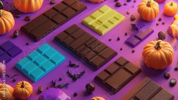 Fototapeta Chocolate bar halloween night flat design top view scary theme 3D render Triadic Color Scheme.