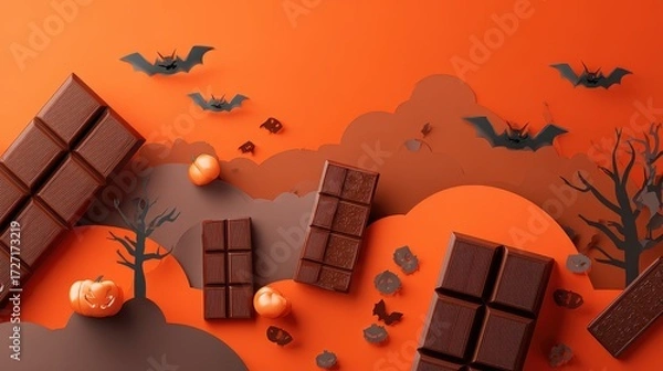 Fototapeta Chocolate bar halloween night flat design top view scary theme 3D render Triadic Color Scheme.