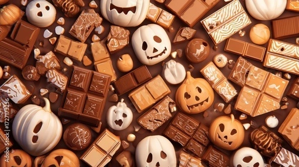 Fototapeta Chocolate bar halloween night flat design top view scary theme 3D render Triadic Color Scheme.