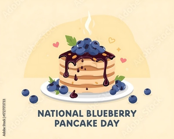 Fototapeta National blueberry pancake day stack of fluffy pancakes topped with blueberry compote and syrup drizzle with fresh berries, styled for breakfast menus, social media and cafe promotions
