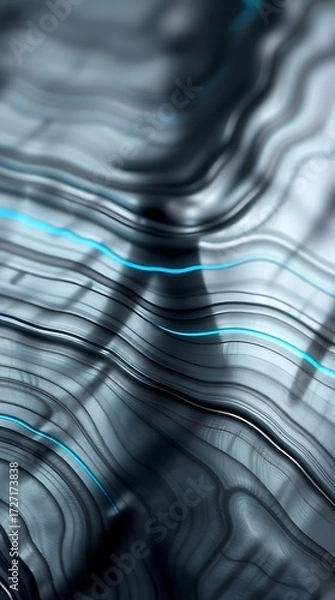 Fototapeta Abstract Damascus Steel Pattern with Glowing Blue Light and Wavy Layers