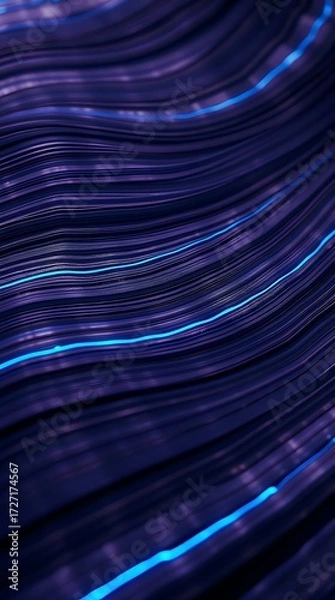Fototapeta Abstract Damascus Steel Pattern with Glowing Blue Light and Wavy Layers