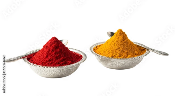 Obraz Bowl of kumkum and turmeric powder on a white background for traditional ritual purposes