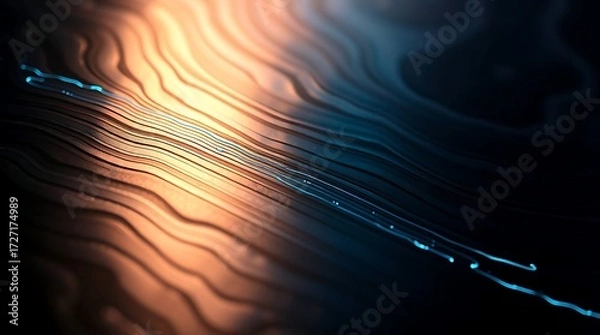 Fototapeta Abstract Damascus Steel Pattern with Glowing Blue Light and Wavy Layers