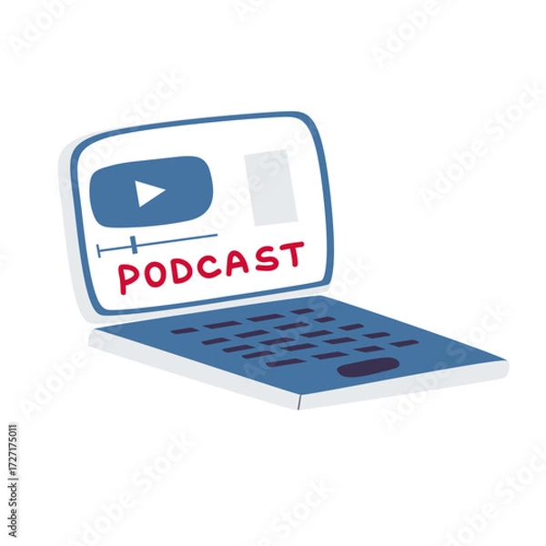 Fototapeta Vector illustration of a purple laptop with open screen displaying podcast player interface, isolated on white background. Flat simple doodle hand drawn design
