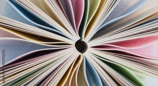Fototapeta Close up shot of a book with colorful pages fanned out in a circular pattern from above