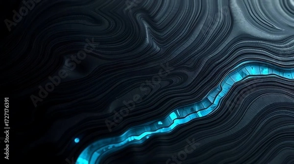 Fototapeta Abstract Damascus Steel Pattern with Glowing Blue Light and Wavy Layers