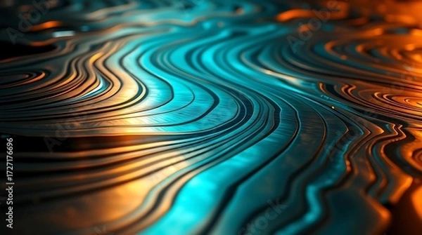 Fototapeta Abstract Damascus Steel Pattern with Glowing Blue Light and Wavy Layers