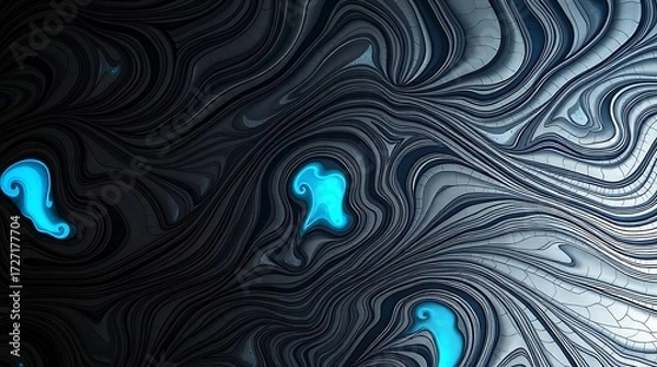 Fototapeta Abstract Damascus Steel Pattern with Glowing Blue Light and Wavy Layers