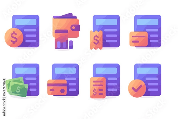 Fototapeta Finance silhouette icon set. featuring coin, wallet, invoice, card, cash, receipt, payment, and approval symbols