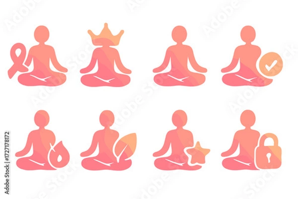 Fototapeta Yoga Icons Set. Wellness Indicators set of icons in gradient flat : yoga time with ribbon, yoga time with crown, yoga time with infinity, yoga time