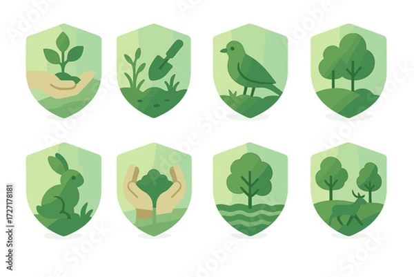 Fototapeta Conservation Icons Set. Conservation & Sustainability set of icons in gradient flat : protected land with tree planting, protected land with habitat