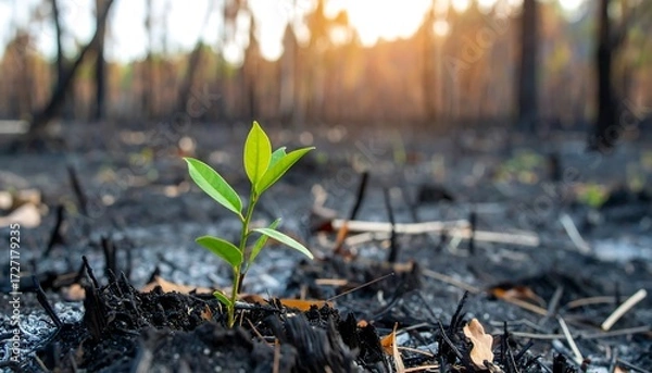 Obraz Sapling sprouts from scorched earth, symbolizing resilience and hope
