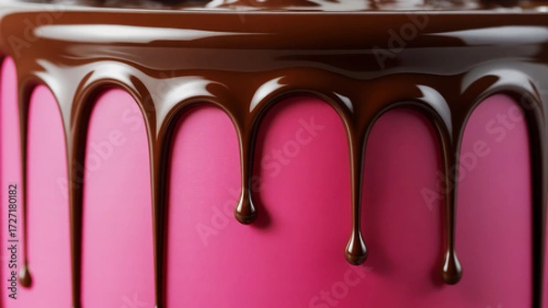 Fototapeta A close-up macro photograph of black liquid chocolate dripping down a bright pink surface.