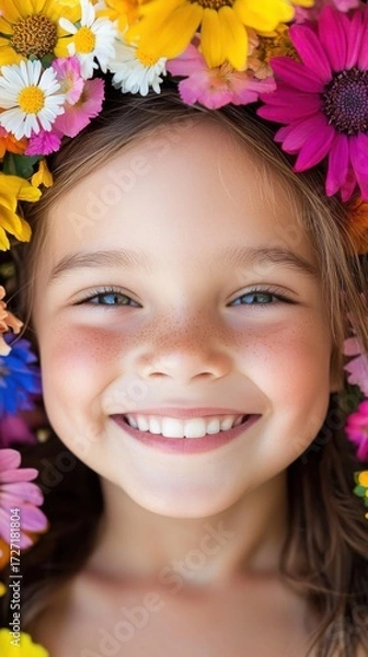 Fototapeta Playful child surrounded by colorful blossoms, joyful laughter shining under warm sunlight, crisp portrait with vibrant energy.