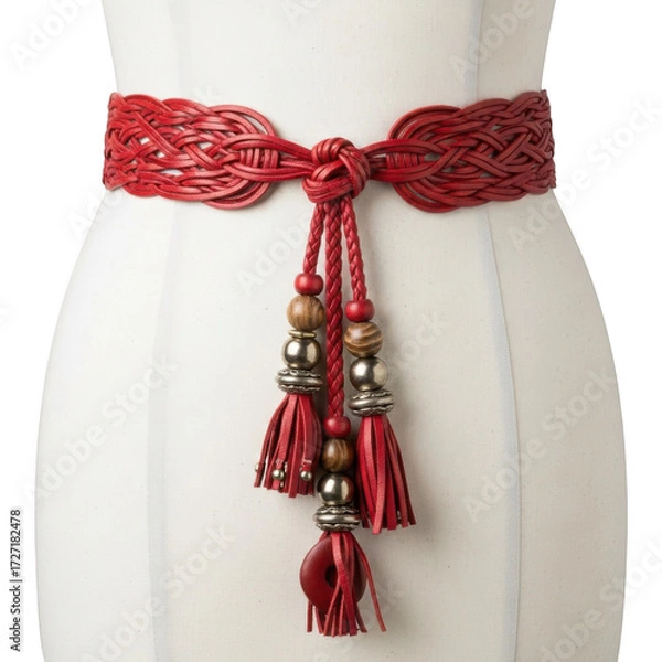 Fototapeta Red woven belt with tassels and beads isolated on transparent background