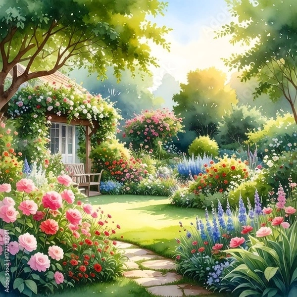 Obraz A vibrant garden scene at dawn